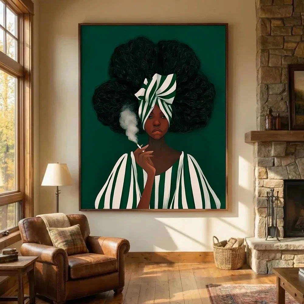 Emerald Green Modern African American Woman Canvas Wall Art Black Woman Poster Print Minimalist Africa Lady Canvas Painting