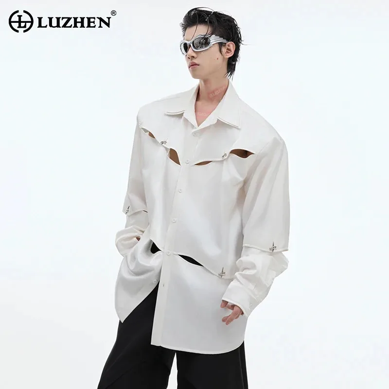 

LUZHEN Original Hollow Shirt Detachable Sleeves Design Personalized Elegant High End Versatile Plain Tops Trendy Male LZ5147