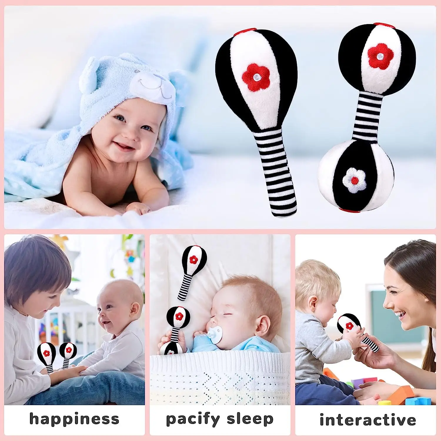 Sonajero de peluche para bebé, sonajero de peluche suave con sonido, anillo agitador blanco y negro, juguetes de desarrollo con agarre manual de 0 a 12 meses