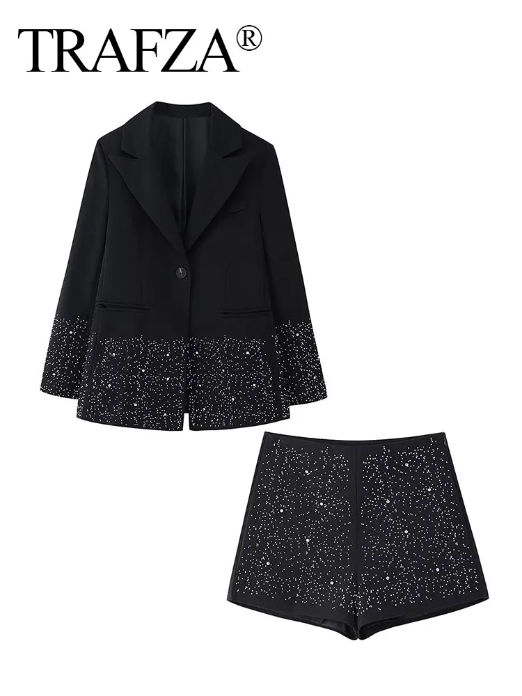 

TRAFZA Women 2 Pieces Single Buckle Lapel Beaded Decorate Blazer Coat+2025 Chic Casual High Waist Side Zipper Shorts Mujer