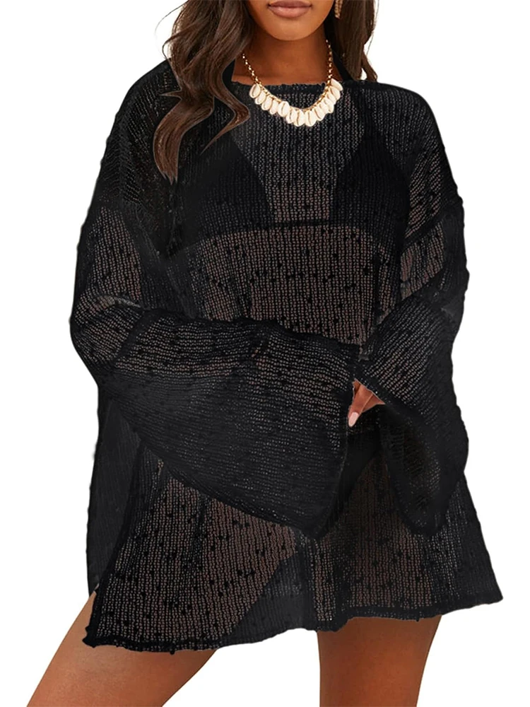 موضة الصيف الجديدة بلايز المرأة مثير انظر من خلال الجولة الرقبة عادية فضفاض عطلة الشاطئ كنزة قطيفة 2025 الساخن الفتيات البلوز