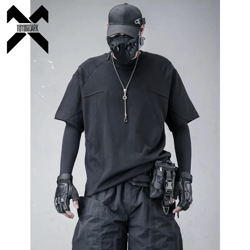 Mens‘s Patchwork T-Shirt Techwear Functional T Shirt 2026 Summer Streetwear Harajuku Tshirt Tees Tops Black