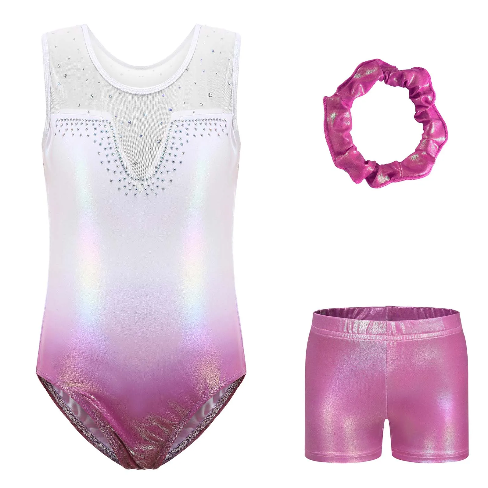

5-12Y Kids Girl 3-Piece Gymnastic Dance Outfit Sleeveless Shiny Rhinestones Sheer Mesh Metallic Leotard with Shorts And Hairband