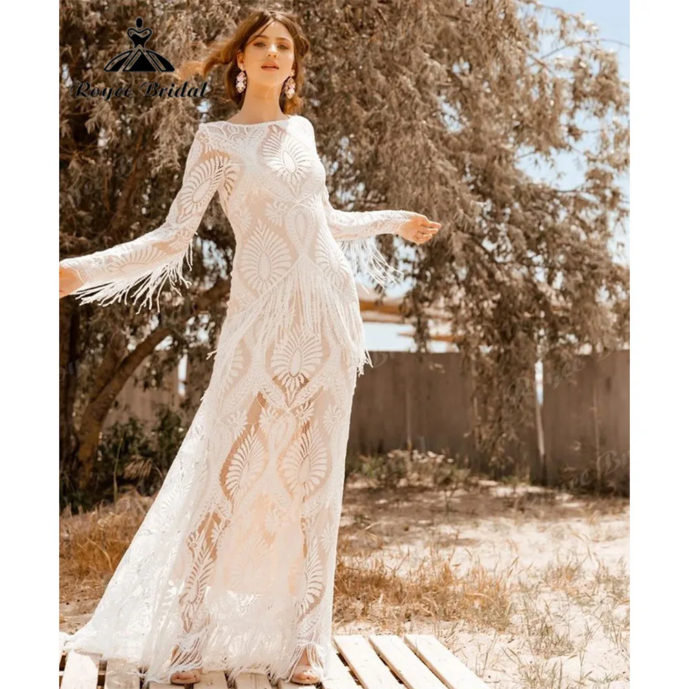 Romantic Tassels Lace Boho Bohemian Long Sleeve Mermaid Wedding Dress 2023 Bridal Gowns Custom Made vestido noiva boho chic Sexy