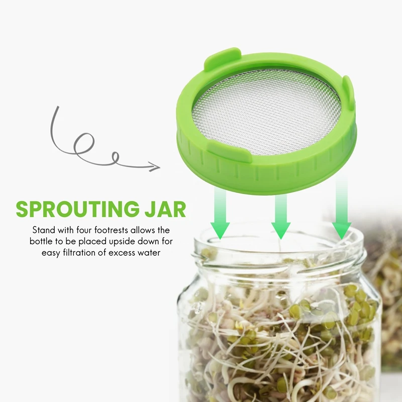 AT43-4 Pack Sprouting Lids, Plastic Sprout Lids With Stainless Steel Screen For Wide Mouth Mason Jars, Sprouter Sprout Maker