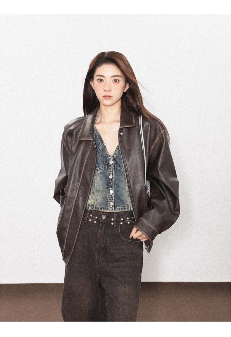 Lautaro Spring Autumn Cool Handsome Soft Vintage Distressed Brown Pu Leather Jacket Women Long Sleeve Luxury Designer Clothing