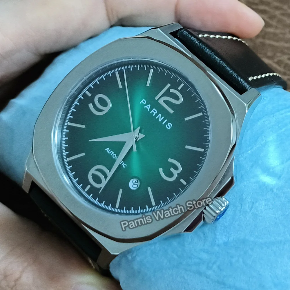 Parnis 42mm Cristal de Safira Miyota8215 Automático Preto Verde Mostrador Masculino Relógio Mecânico