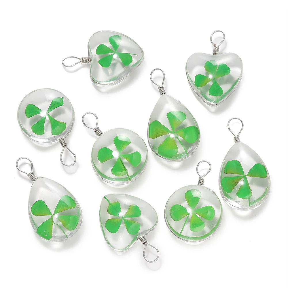 5pcs Green Lucky Four Leaf Clover Pendant Handmade Glass Dry Flower Four Leaf Clover Ornament DIY Necklace Craft Jewelry Making