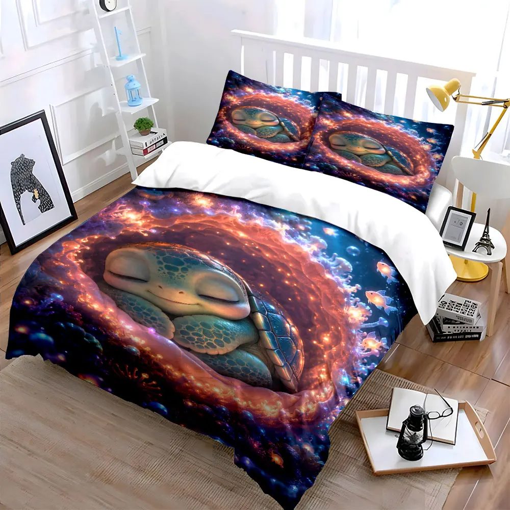 Sleeping sea turtle under warm glow Bedding Set for Kids Luxury Gift 3pcs Digital Print Comforter Set Soft Comfortable