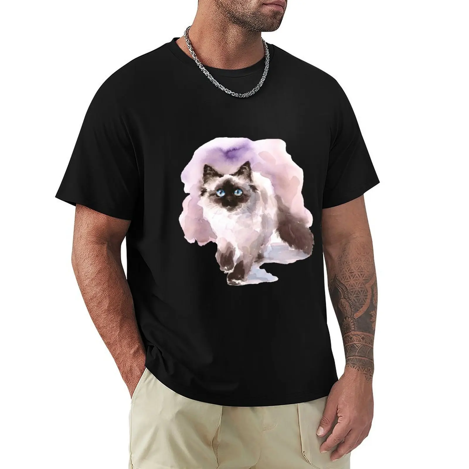 

Watercolor Siamese Cat T-Shirt Large Size Basic Casual T-Shirt