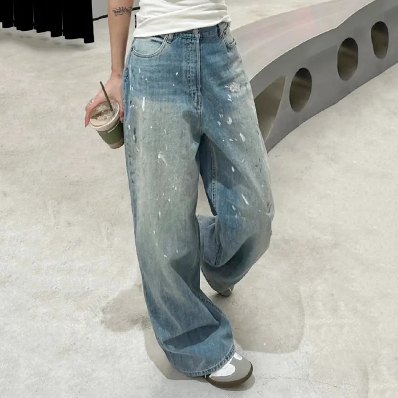 الخريف والشتاء التيار المتناوب رسمت باليد الرجال والنساء الجينز فضفاضة واسعة الساقين خفيفة الوزن غسلها محدثة النافثة للحبر السراويل عادية #2