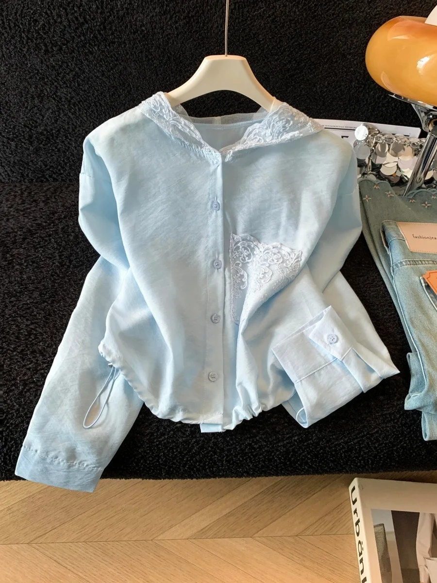 

Blue Hooded Sun Protection Shirt Women's Summer New Style Single Button Air Conditioning Shirt Lightweight Outerwear