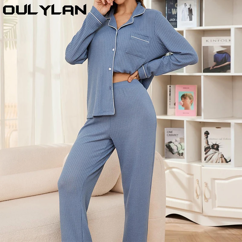 New solid color pajamas home wear comfortable pajamas women long-sleeved shirt trousers two-piece pajamas autumn and winter