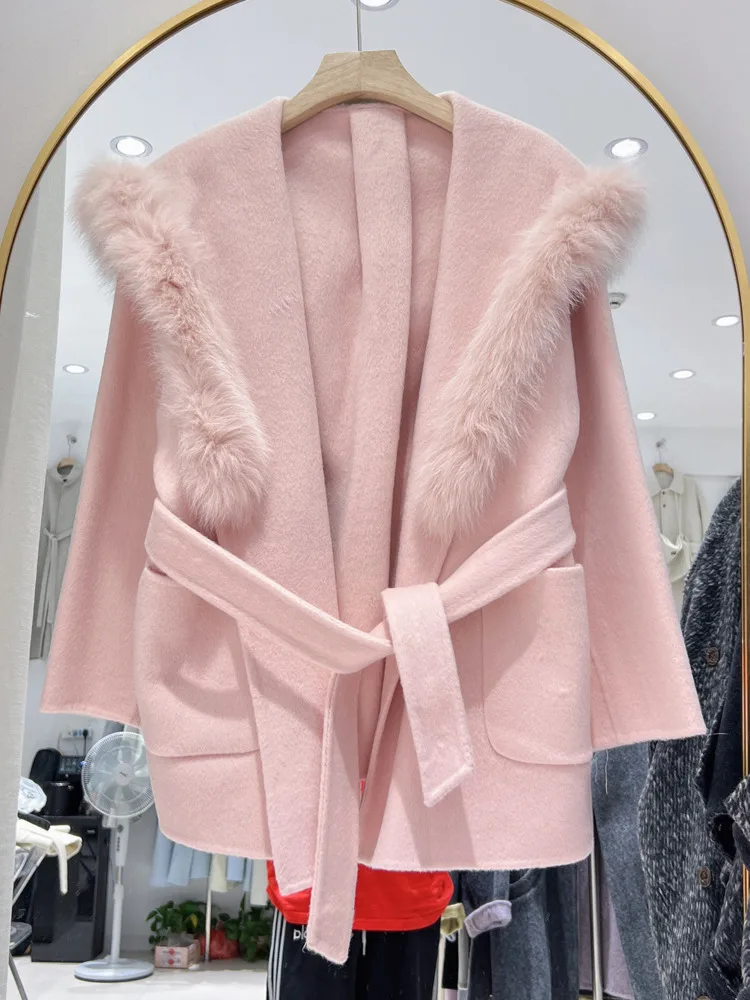 ZMEENNA Womens Hooded Wool Blend Short Coat Faux Fur Trim Shawl Collar Tie Belt Warm Winter Outerwear Oversized ZM4402