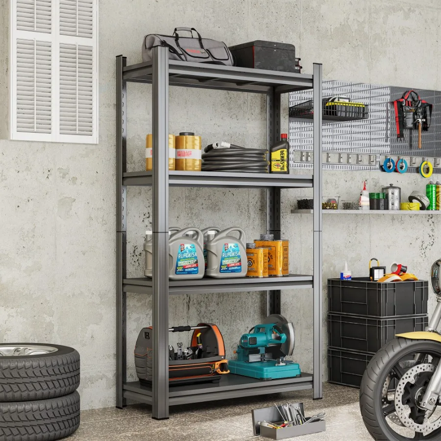 

4-Tier Adjustable Metal Storage Shelf, For Garage, Shed, Supermarket, Living Room, Multi-Purpose Storage Shelf, Black, Requires