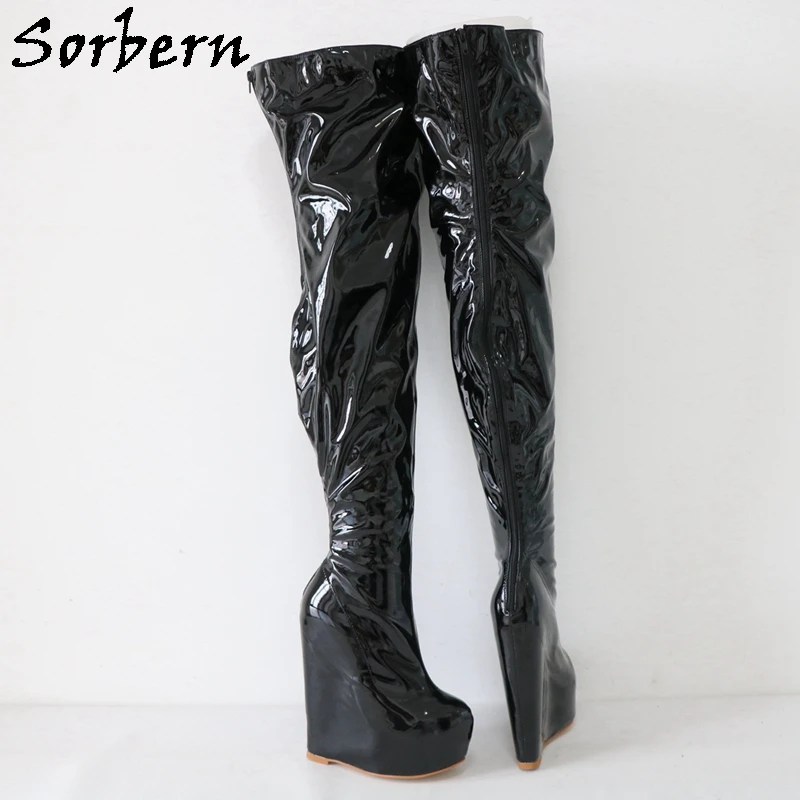 

Sorbern 20Cm Invisible Wedge High Heels Boots Women Glossy Crotch Thigh High Boot Unisex Style Back Zipper Custom Wide Slim Calf