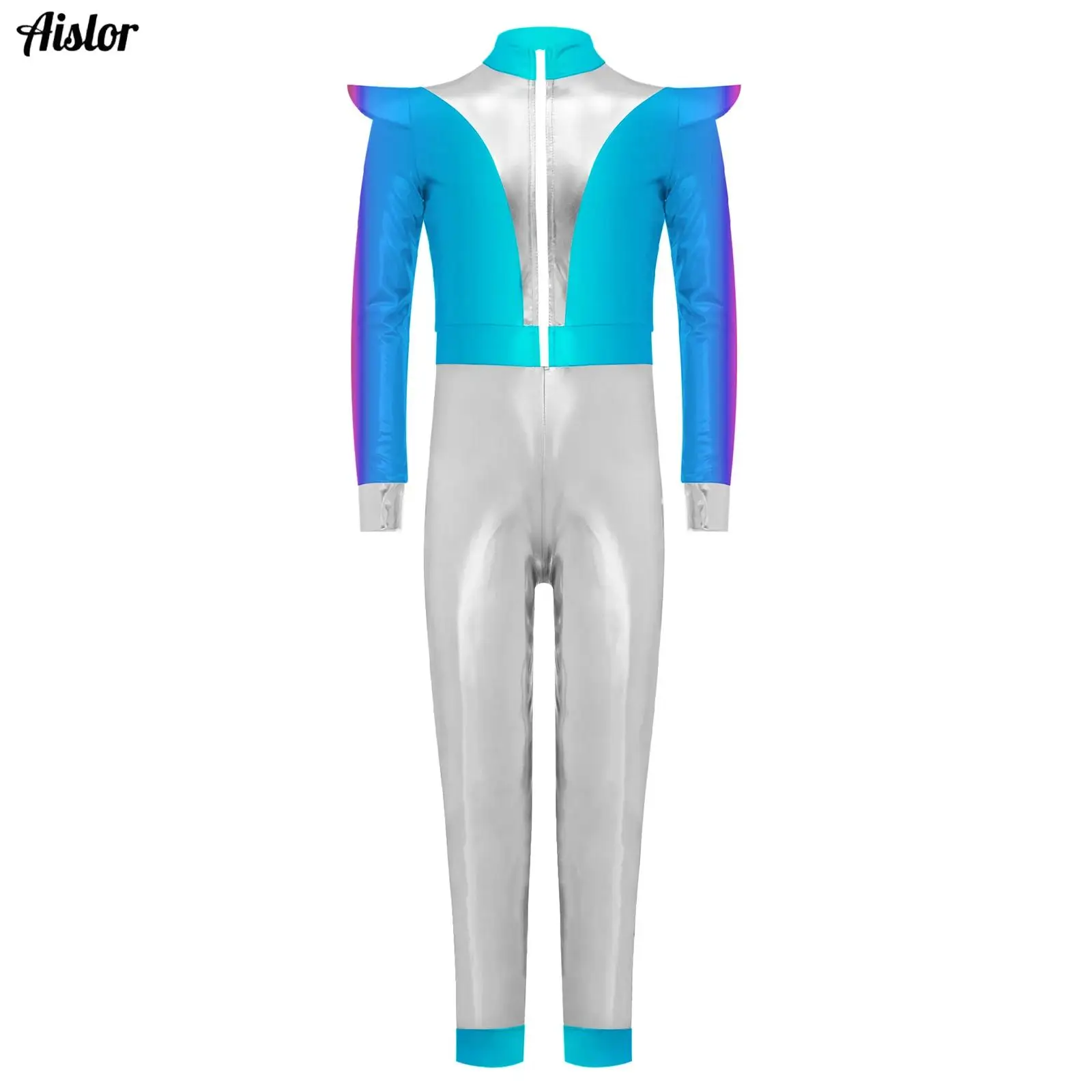 

Kids Girls Alien Costume Halloween Cosplay Robot Costume Shiny Metallic Long Sleeves Zip Jumpsuit Outer Space Cutie Costume