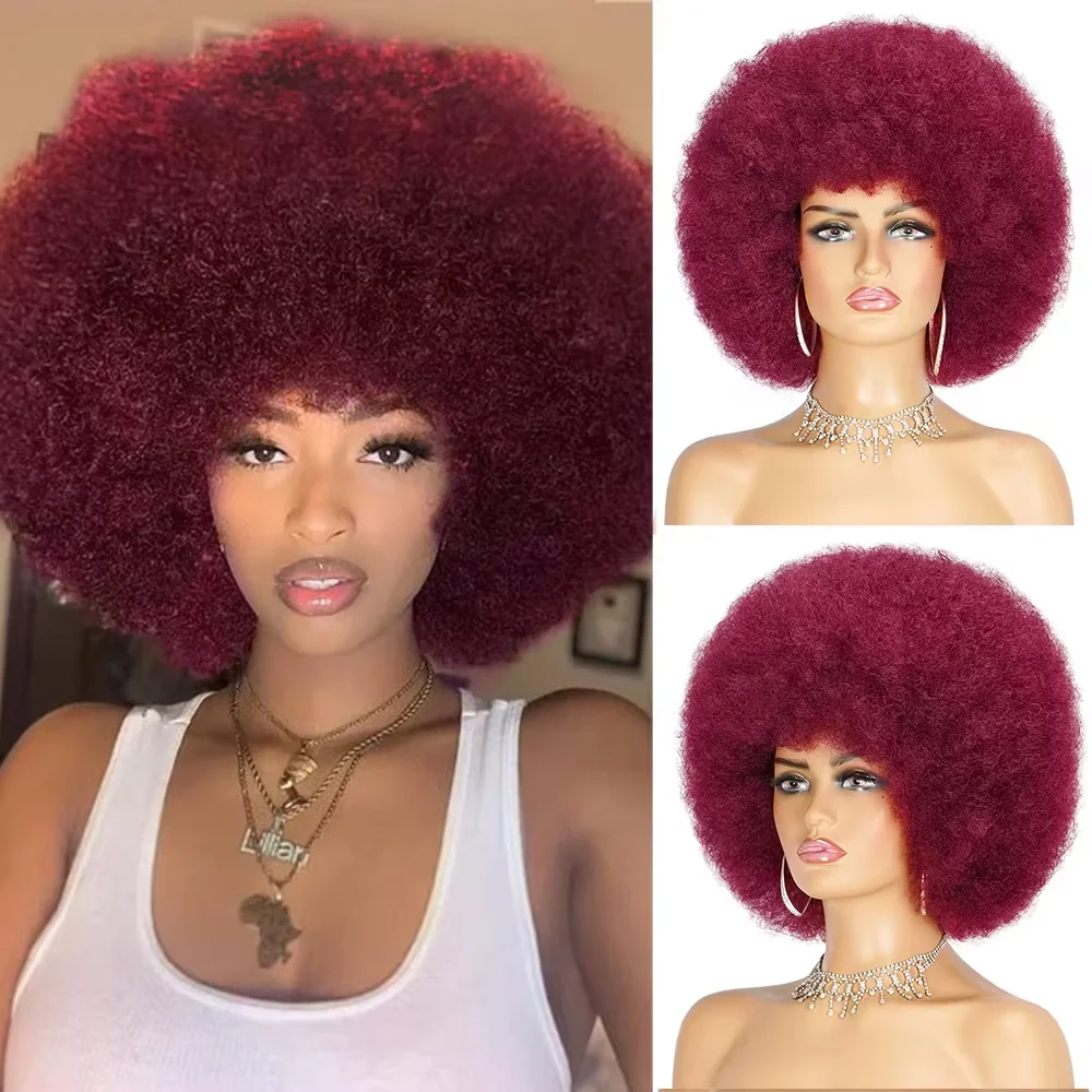 

High Puff Afro Curly Wigs With Bangs Natural Blonde Synthetic Hair Afro Kinky Curly Wig For Black Woman Heat Resistant Daily Use