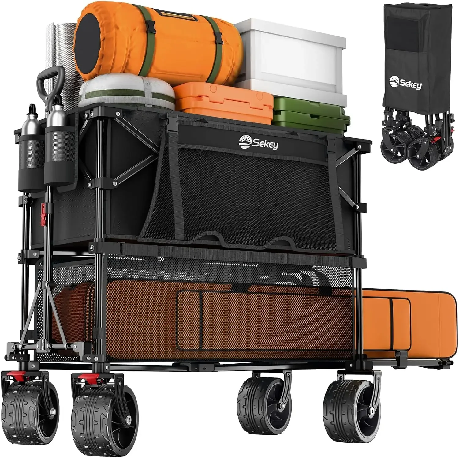 500LBS Heavy Duty Double Decker Wagon with Extender, 400L Large Capacity Collapsible Garden Cart Fits 10x10 Canopy