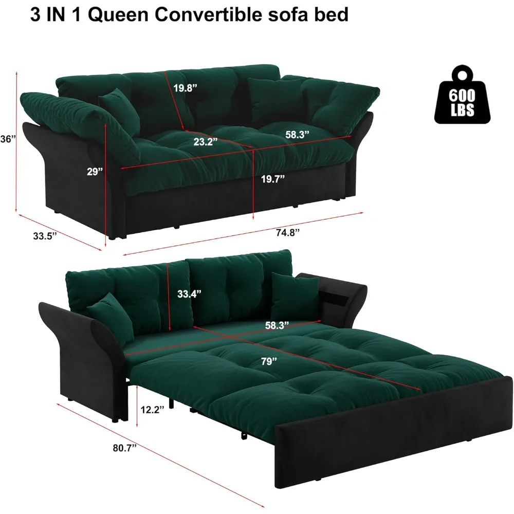 Sofa Bed Velvet Loveseat Couch for Living Room Home Furniture Small Space 3 in 1 Convertible Sleeper Sofa Apartment Green Sofas