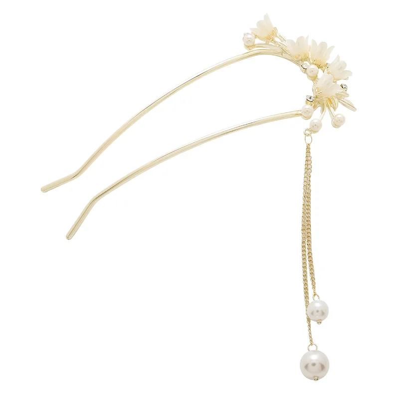 Super Fairy Orchid Pearl Tassel U-shaped Hairpin for Women Chinese Ancient Style Alloy Clasp Elegant Hanfu Headwear