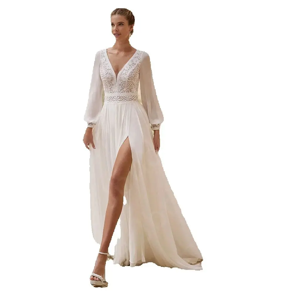 Robes de mariée en dentelle personnalisées, vente en gros, robes de mariée blanches, manches longues, fente latérale, col en V, dos nu