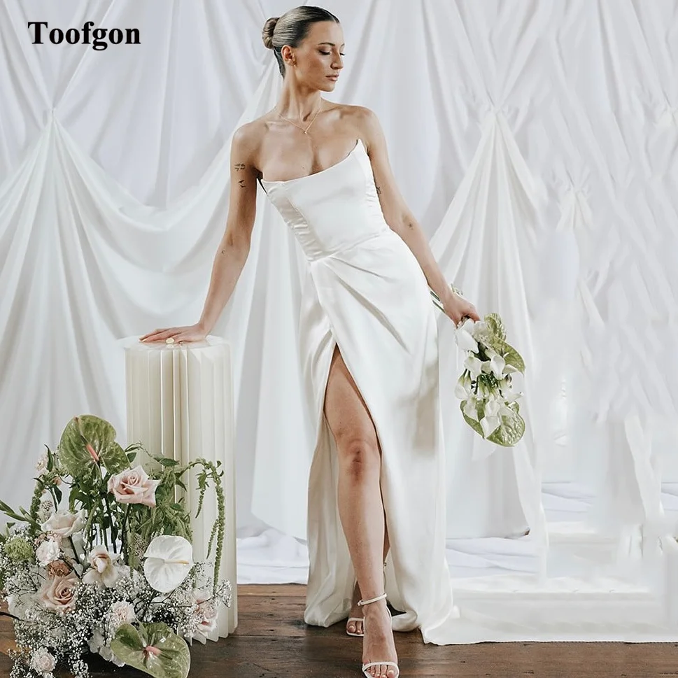 

Toofgon Customized Simple Satin Wedding Dresses Bride Corset Back Sexy Slit Women Formal Bridal Gowns Wedding Photography Dress