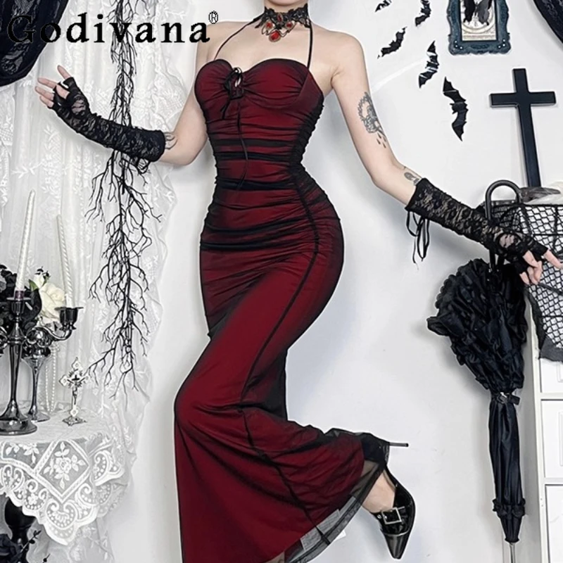 

Elegant Style Black and Red Dress Women Mesh Halter Neck Waist-Cinching Dress Female Summer Sexy Formal Tube Long Dress