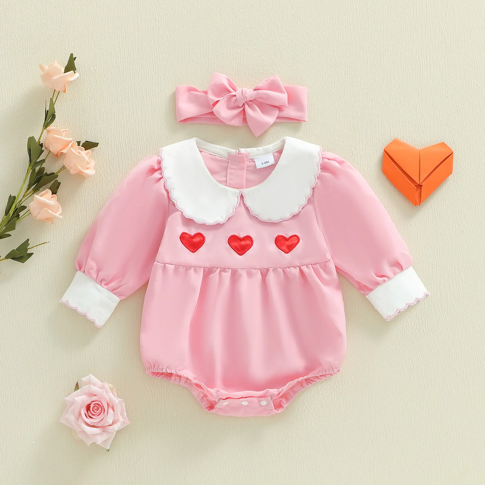 

0-18M Infant Baby Girl Valentines Day Romper Cute Heart Embroidery Long Sleeve Doll Collar Jumpsuit with Matching Bow Headband