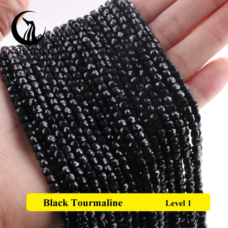 Natural Black Tourmaline 4*4mm Sqaure Faceted Stone Beads Gemstone Loose Spacer Bead for DIY Bracelets Necklace Accessories 15\'\'