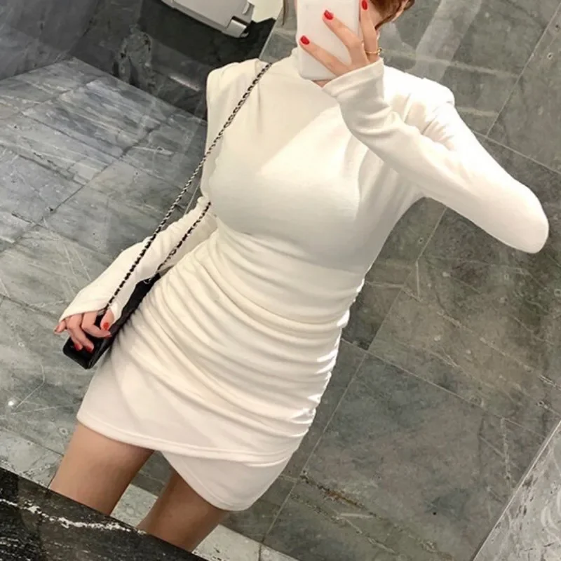 

Korean High Neck Elastic Sexy Dress Women White Long Sleeve Wrapped Hip Bottom DressesThick Warm Slim Tight Knee Above Skirt