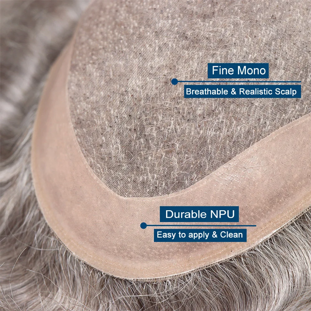 # 580 مونو توب PU حول الرجال الشعر المستعار شعر الإنسان الاصطناعية شعر مستعار الذكور هيربيسي فضي رمادي بولي نظام الشعر للرجل 8x10 بوصة #2