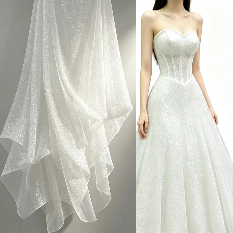 Mistlace High Quality Ivory Bridal Fabric Sparkle White Mesh Fabric Super Dense Sequins Glitter Tulle Fabric Wholes Sales ML02
