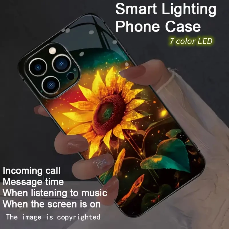 

Sunflower Pattern LED Lighting Phone Case For iPhone 17 air 11 12 13 14 15 16 Pro Max 7 8 Plus Luminous Glass Bumper Cover Glow