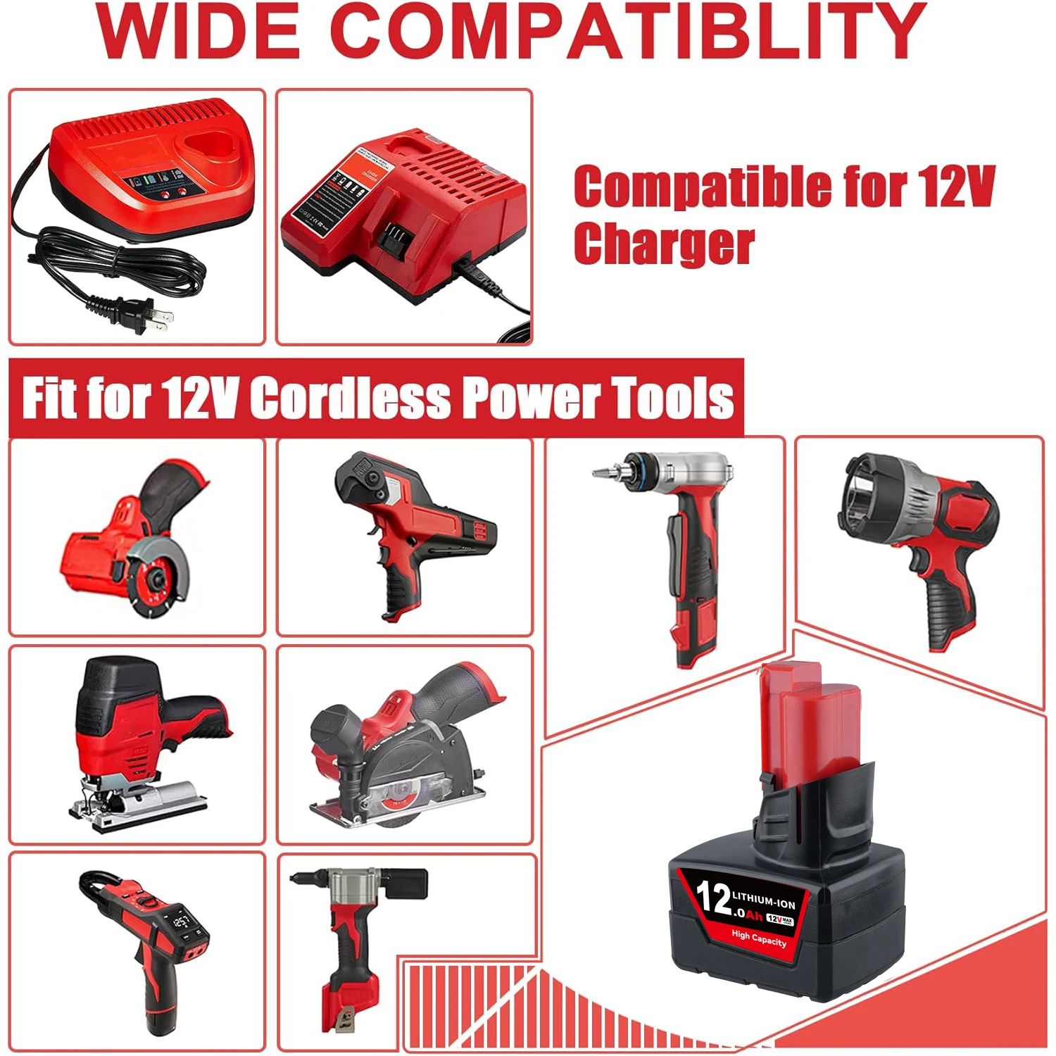 VANON 1/2/4Pack 12Ah M12 สำหรับมิลวอกี 12V 48-11-2412 48-11-2450 แบตเตอรี่พินชุดสำหรับมิลวอกีเครื่องมือไฟฟ้าไร้สาย