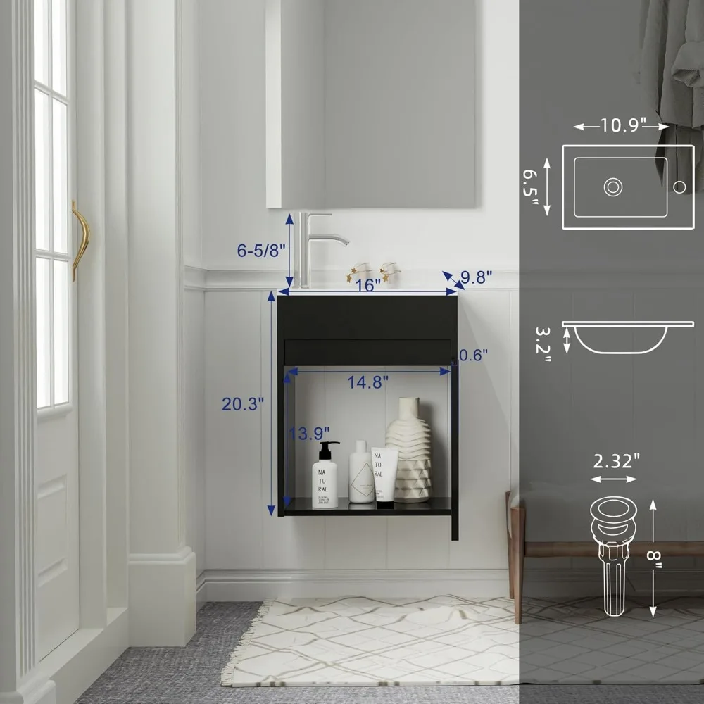 16" Small Bathroom Vanity Sink Combo, Modern Painted Wall Mounted Floating Cabinet W/Decoration Lines, Resin Basin Sink Top