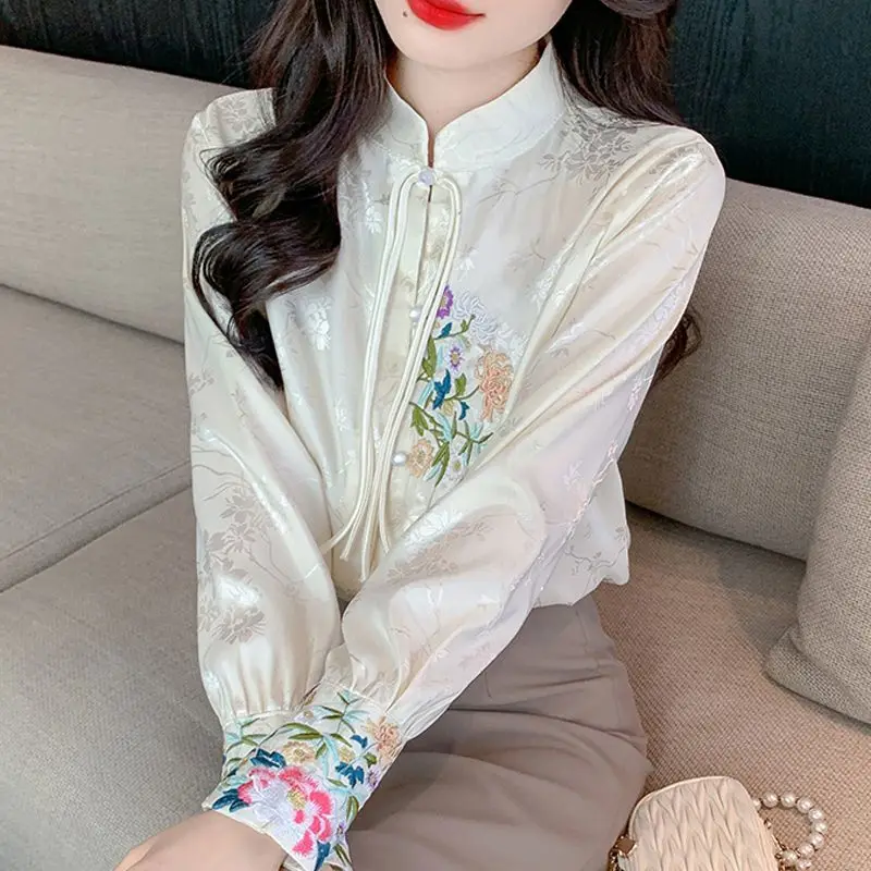 

Stand Collar Jacquard Shirt 2026 New Spring Summer Women Embroidered Shirt Female Blouses Ladies Tops Office Lady Elegant Cloths