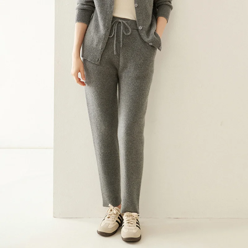 بنطال كشمير نسائي شتوي دافئ محبوك بخصر مطاطي وأربعة أرجل صغيرة مسطحة، سروال ناعم ومريح وعصري #3