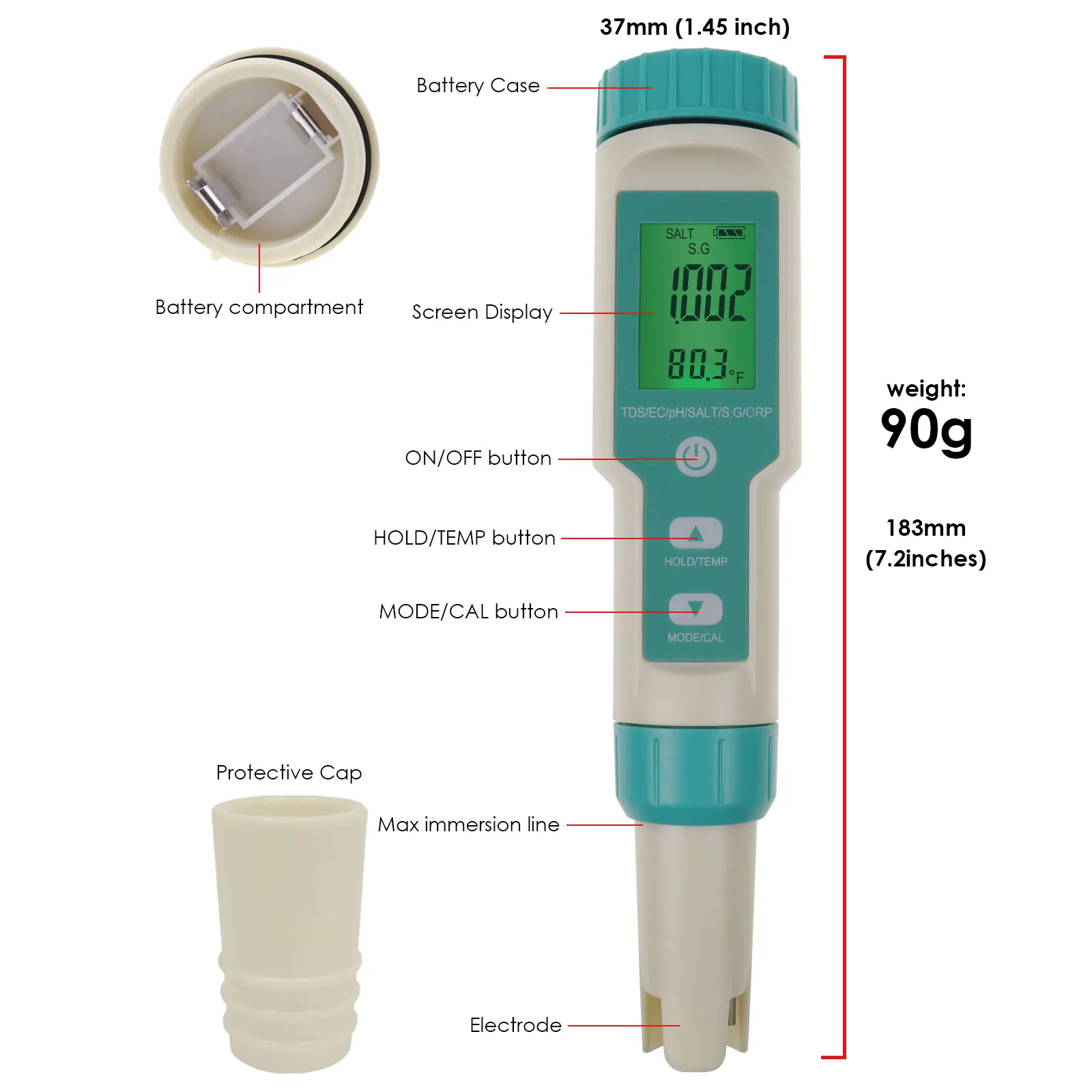 Imagem -06 - Testador de Pentótipo em ph Tds ec Orp Salinidade S.g. Medidor de Água de Temperatura para Aquários Potável Medidor de ph de Piscinas