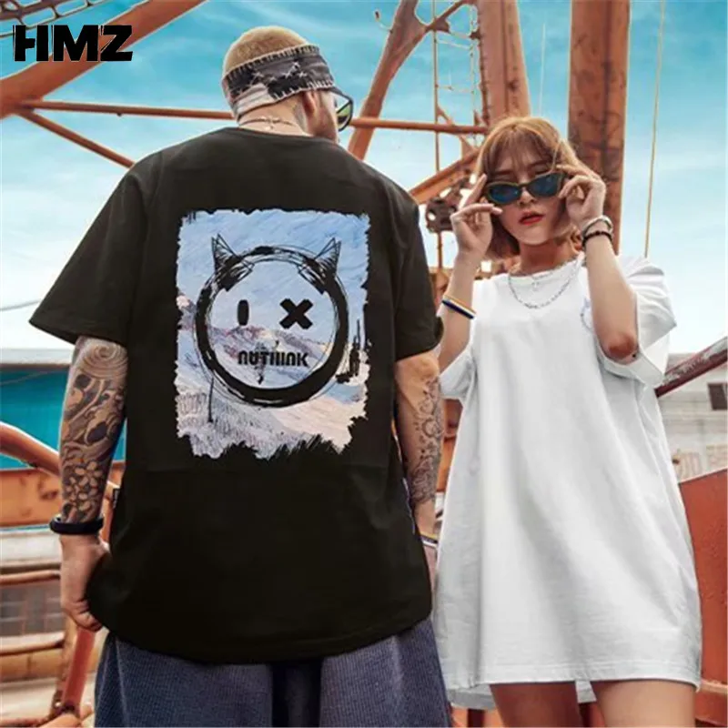 HMZ 2022 New Fashion Men T Shirt Hip Hop Summer Loose T-Shirt Cotton Casual Devil Print Couples High Street Harajuku O-neck Tees