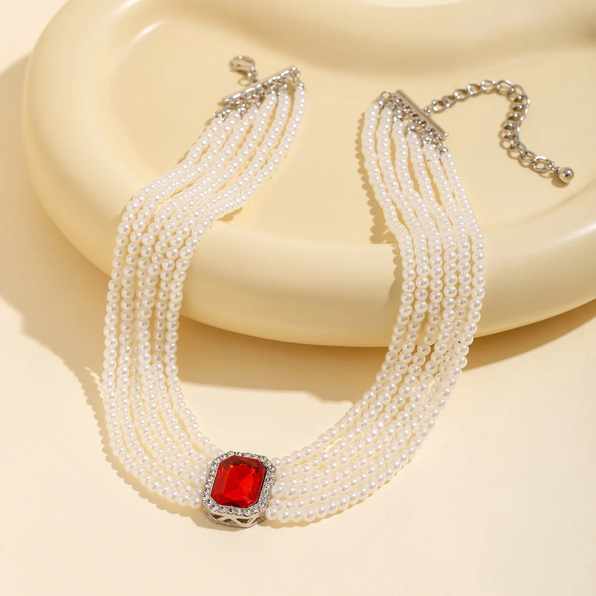 

Retro Multi-Layer Pearl Nelace Gemstone Square Choker Faion Jewelry Ele Quali Cross-Border Accories