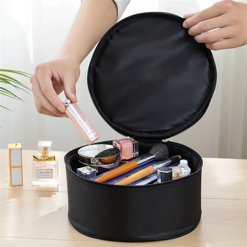 Round Waterproof Cosmetic Bag Women Large Capacity Travel Organizer Black Zipper Female Makeup Wash Pouch Toiletry Beauty Case