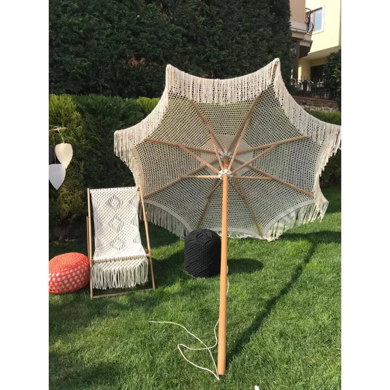 Customized Macrame Beach Umbrella With frame beige fringed beach macrame umbrella made of beech wood Boho Style Macrame Umbrella