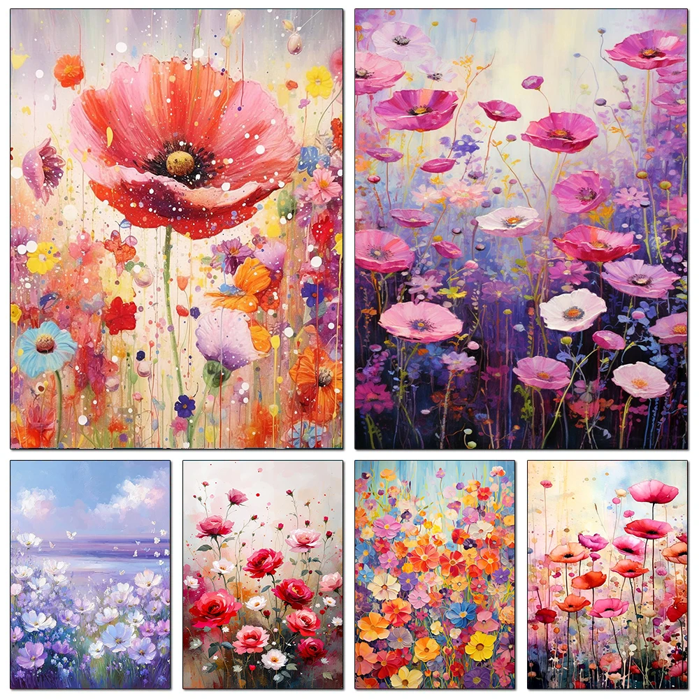 Poppy Rose Flower Field Diamond Painting Colorful Floral Landscape Full Square Round Mosaic Embroidery DIY Home Decor Gift
