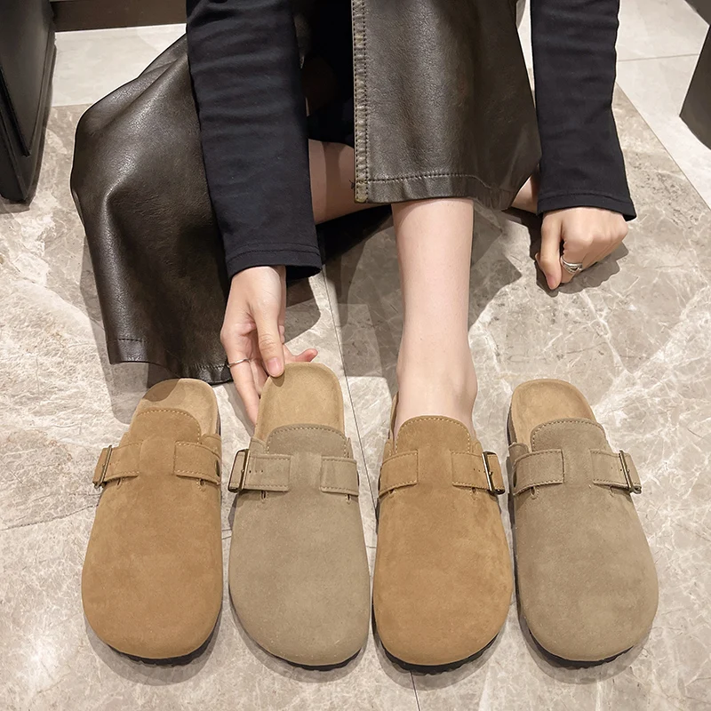 Women's Cork Clogs Shoes Flat Closed Toe Thick Soled Slippers for Women Outdoor Casual Women's Flat Slippers Zapatos De Mujer