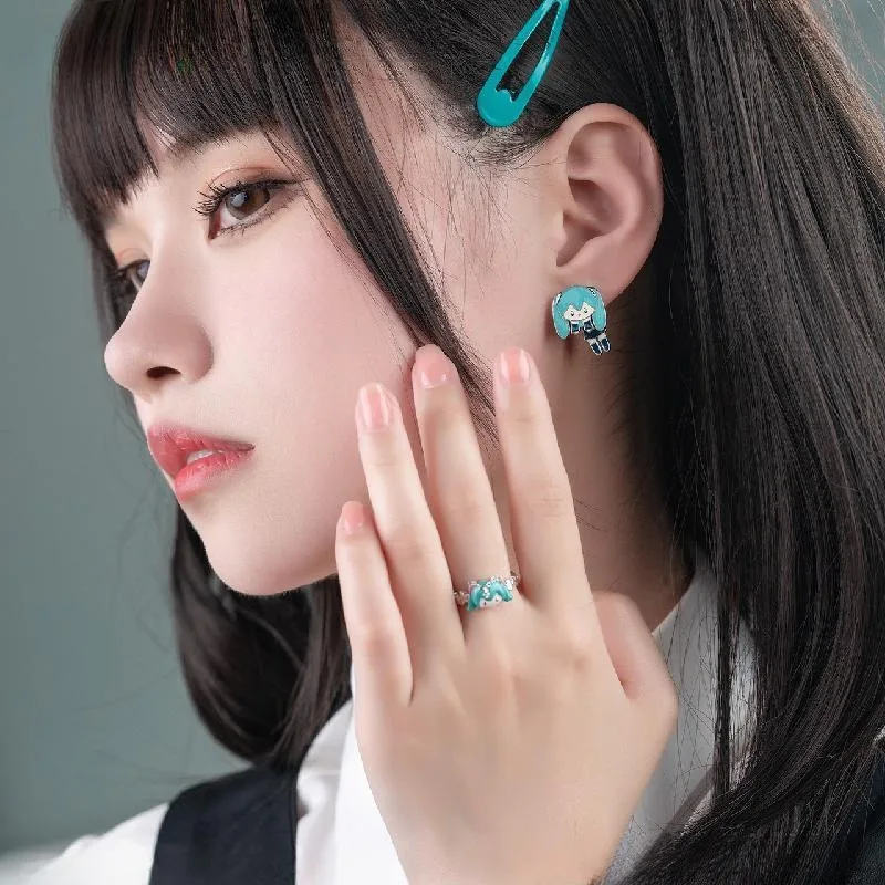 Hatsune Miku Earrings Anime Peripheral Cartoon Character Zircon Adjustable Ring Two-dimensional Rocking Music Earrings Jewelry