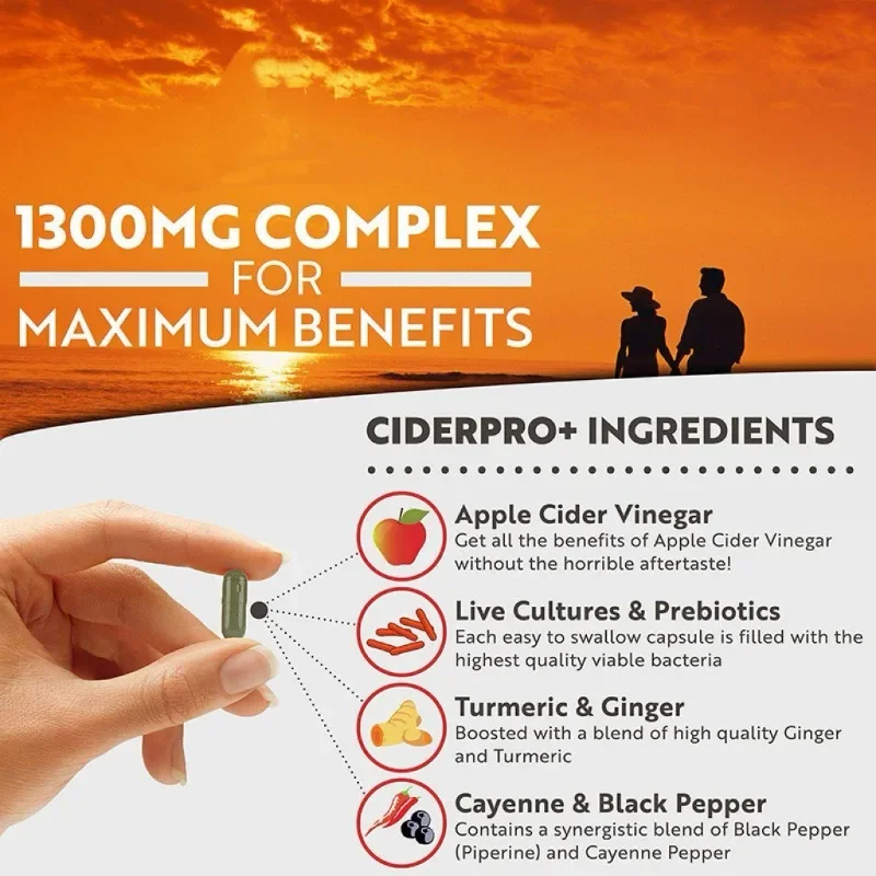 100% Apple Cider Vinegar Supplement 1300mg Containing Active Probiotics, Turmeric, and Ginger -60 Capsules