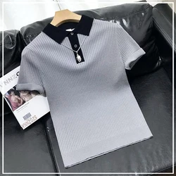 2024 New Summer High-end Temperament Men's Fashion Contrasting Color Casual Minimalist Slim Fit Short Sleeved Knitted Polo Shirt