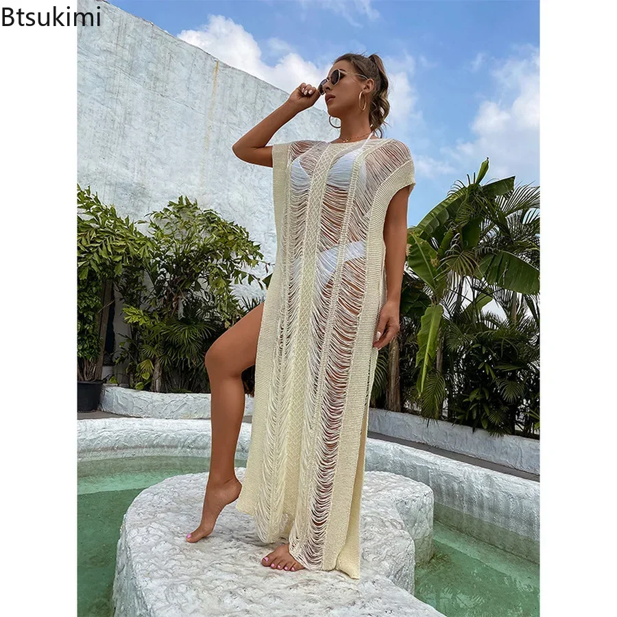 2024 ผู้หญิงฤดูร้อนบิกินี่สีขาวเซ็กซี่ลูกไม้Kimono Boho Beach Long MaxiชุดSheerหลวมKaftan Tunicชุดว่ายน้ําหญิง