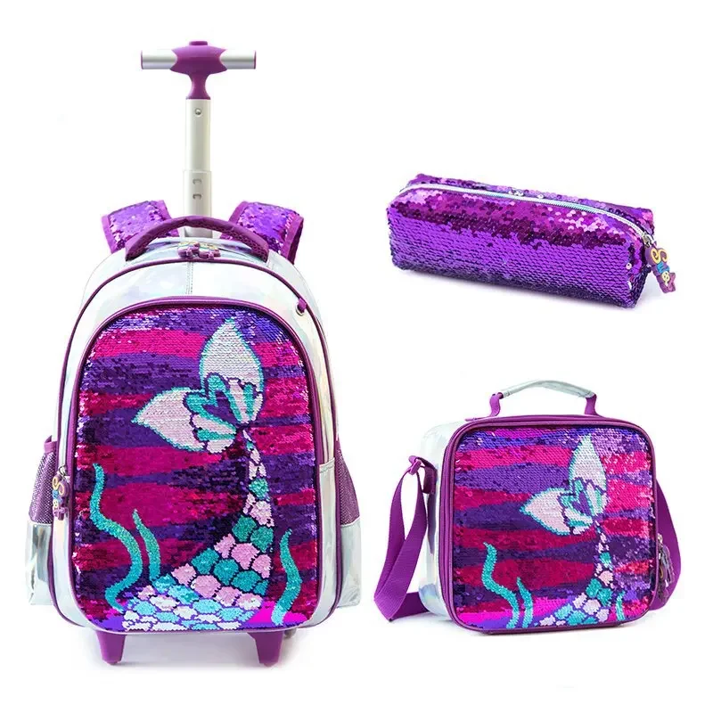 16 Inch Kawaii Backpack for Girls Children's Wheeled Backpack Sequin Bag with Lunch Box Pencil Cases for Elementary Students Bag